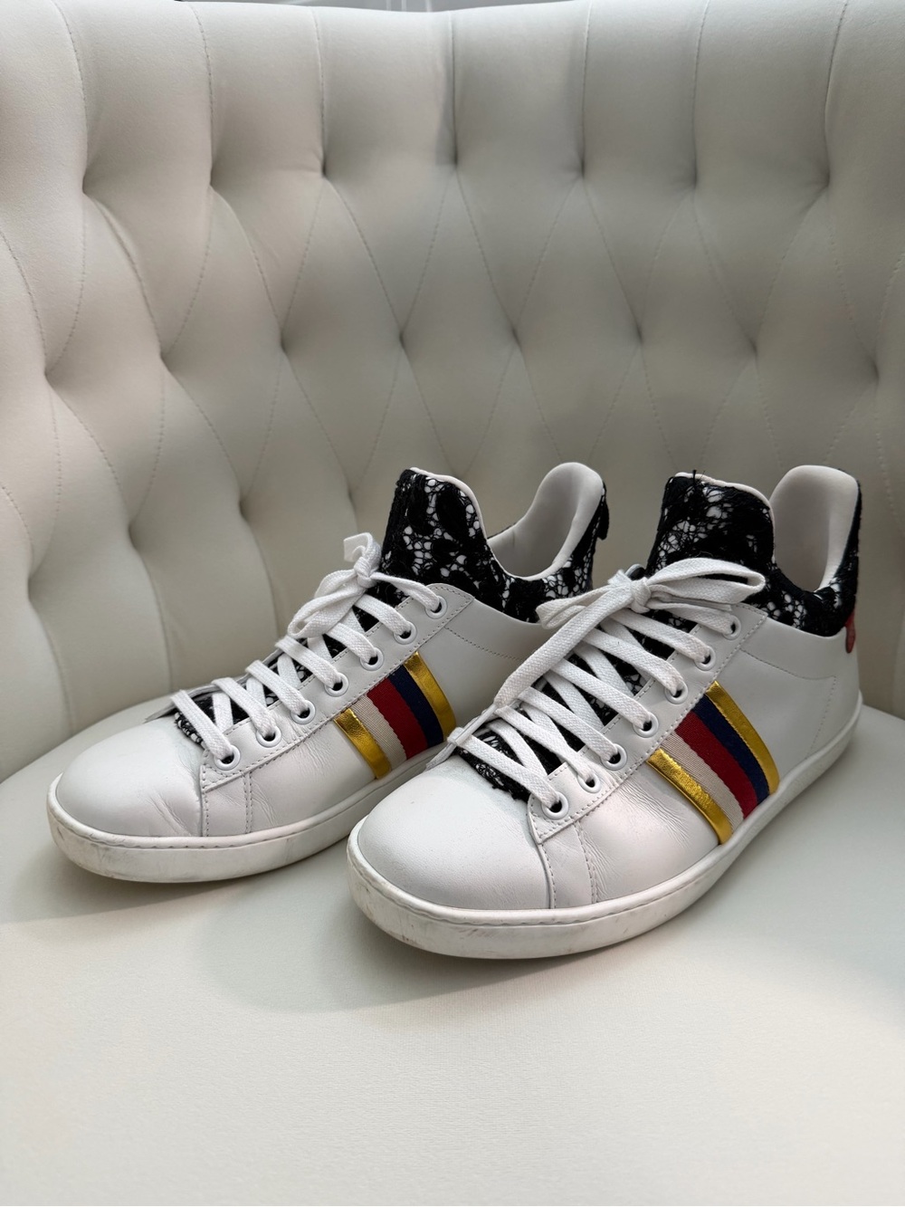Gucci White Sneakers with Red, Blue & Gold Stripes